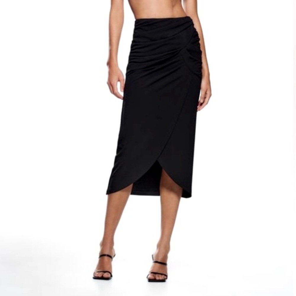 Zara Black Ruched Wrap Midi Skirt